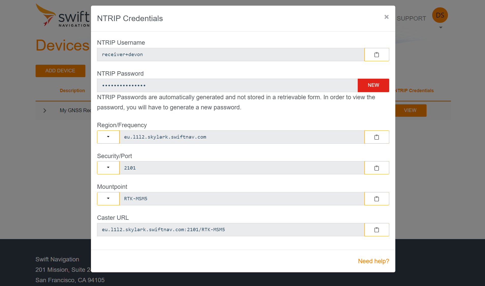 Viewing your NTRIP credentials in the Skylark portal